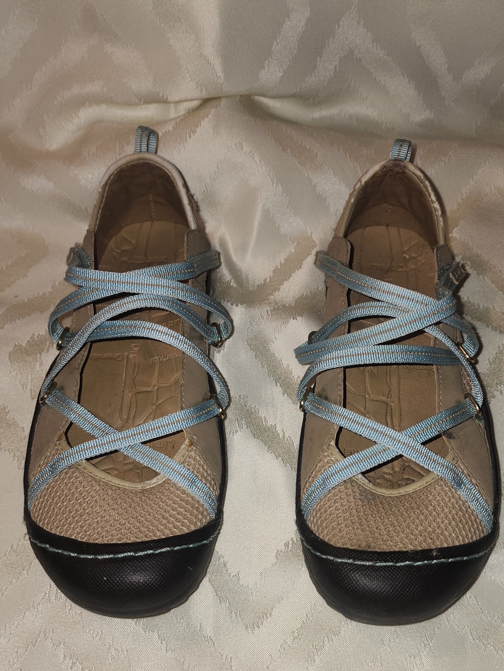 J-41 Beige Flats with Light Blue Crisscross Straps